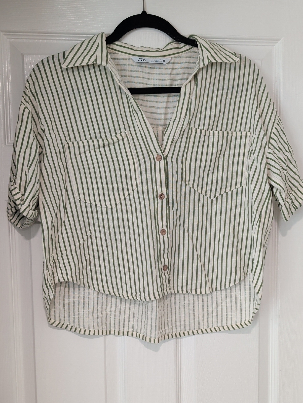 ZARA Cropped Linen Blend Shirt with Olive Green Vertical Stripes
